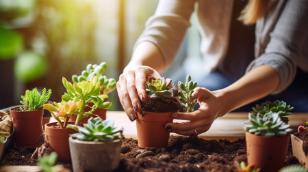 Young beautiful woman planting balcony,の素材