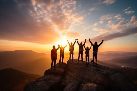 Group of people, team climb to success on top of the mountain, symbol of the startup, business with team conceptの素材