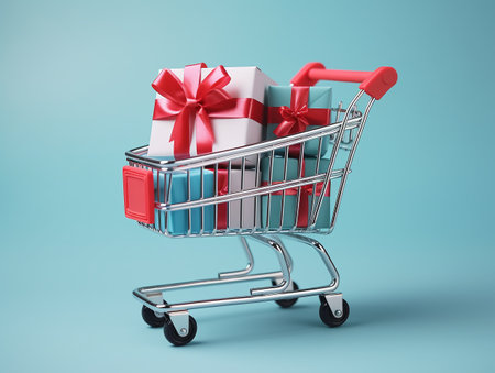 Shopping Trolley with Parcel boxes, Shopping Online Concept. Buy Gifts onlineの素材