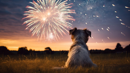 Dog looking out the window and watching the fireworksの素材