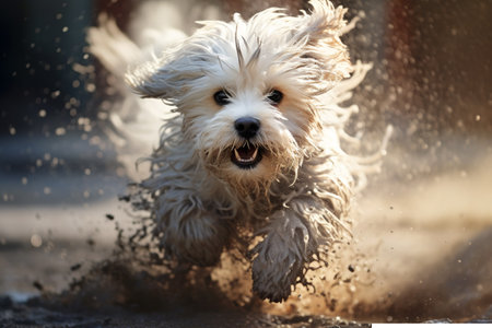Small White Dog Running on Beach.の素材