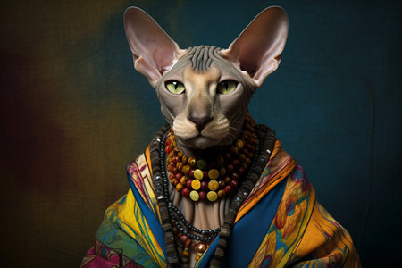 Cat as a royalty persons in vintage clothing on dark background. Concept of comparison of eras, modernity and renaissance, baroque style. creative animal portraitの素材