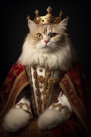 Cat as a royalty persons in vintage clothing on dark background. Concept of comparison of eras, modernity and renaissance, baroque style. creative animal portraitの素材