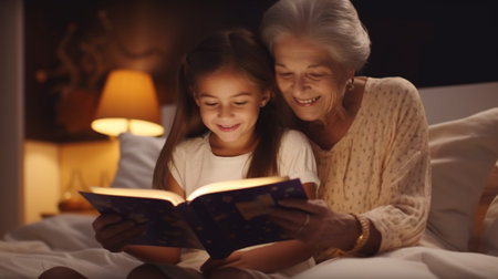 Girl and grandmother reading a book, story and fairy tale before sleep in the evening. Granny, female grandchild or kid with fun, literature or learning to read at homeの素材