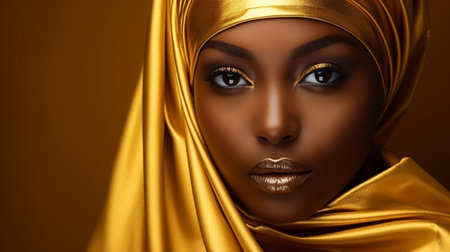 Close up portrait of beautiful African woman with creative gold make up and turbanの素材