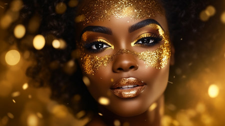 Close up portrait of beautiful African woman with creative gold make up and turbanの素材