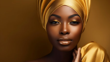 Close up portrait of beautiful African woman with creative gold make up and turbanの素材