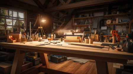 Desk and pegboard with tools in carpentry workshopの素材