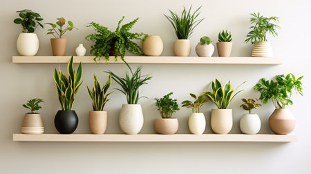 Collection of various plants in different pots. Potted succulent house plants on against wall. Copy spaceの素材