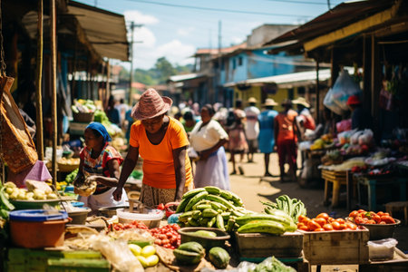 Fruit and Vegetable Vendors at a Market in Vietnamの素材