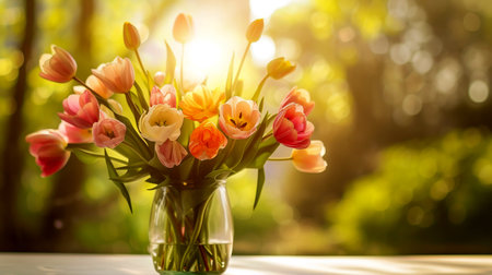Bouquet of tulips in glass jug on floor by window. Flowers in interior design. Cozy home on spring.の素材