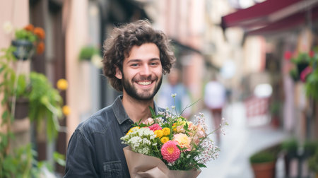 A happy young man is holding a beautiful bouquet of flowers in his hand in a street. The guy make a surprise to his girlfriend for a date. Romantic gift for the womanの素材