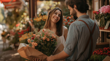 Startup successful small business entrepreneur owner woman standing with flowers at florist shop service job. Portrait of caucasian girl successful owner environment friendly concept bannerの素材
