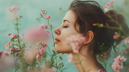 The girl breathes the aroma of a large red rose flower with drops of water on the petals. The child closed his eyes and smiled. The concept of freshness and purity.の素材