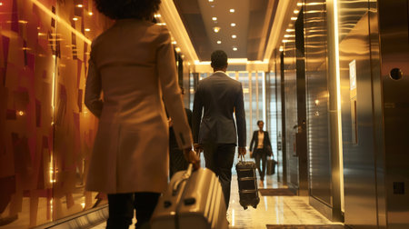 Businessman and businesswoman walking in the lobby of a modern office building