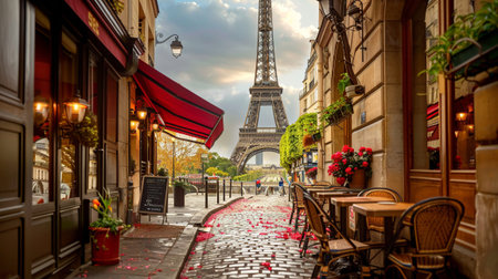 Typical Paris street with small cute cafes outdoor. Europe touristic placesの写真素材