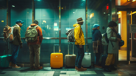 Casual people with luggage standing in line at the airport or train station and waiting for them to...