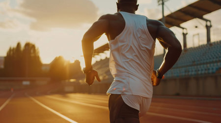 Fit confident african sportsman standing in starting position and ready to run at the stadium