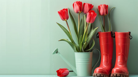 Rubber boots, pots with spring flowers and gardening tool equipment on green background. Gardening season concept.の写真素材