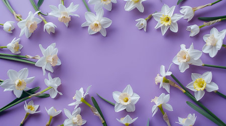 Yellow narcissus on a purple background. Easter, March 8, mother's day celebration postcard