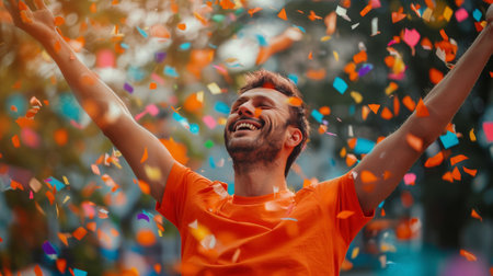 a triumphant male athlete is showered in confetti, celebrating his win in the sports competition. With a beaming smile and arms raised in triumph, he embodies the joy and achievement of his sporting success.の素材