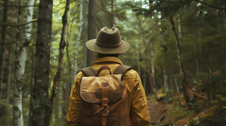 Traveler man with backpack and hat hiking through forestの素材