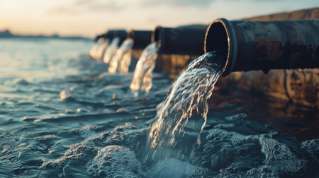 Dirty water flow from sewage pipe pumped into sea.の素材