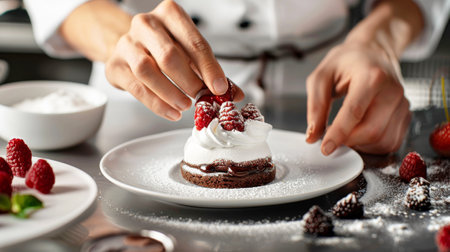 Chef decorated fresh cake close up. Single served dessert.の素材