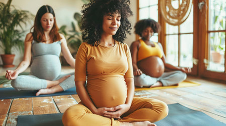 Yoga class for pregnant women who sitting on lotus pose and meditating together.の素材