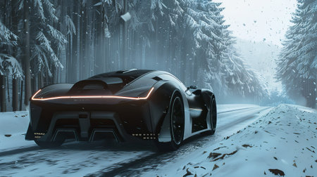 futuristic modern sport electro car drive to forest roadの素材