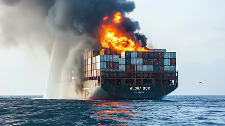 Fire on cargo container ship in a seaの素材