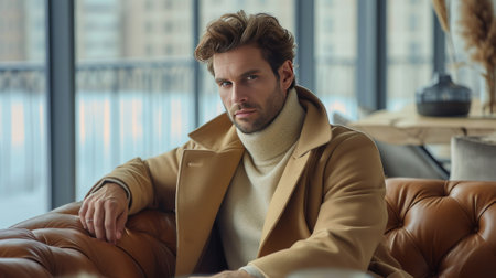 Stylish man wearing a cashmere coat sit on a sofaの素材