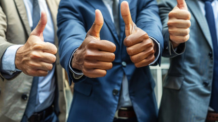 Multicultural group of businessmen hands giving thumbs upの素材