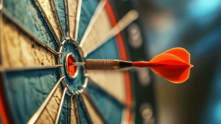 red dart hitting on center of bulls eye close upの素材