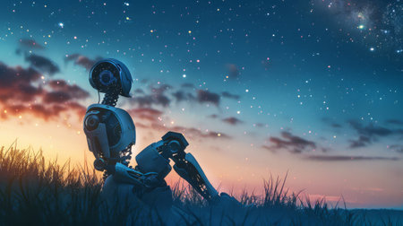 Lonely robot sits on a mountainside in the evening, thoughtfully looking at the stars in the sky, the concept of contemplation, suffering, romance and loneliness.の素材