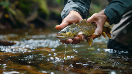 Man hold rainbow trout fish fly fishing on handsの素材