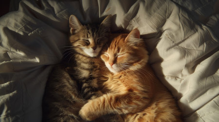 Group of small striped colored kittens sleeping hugging each other at home lying under white blanket.の素材