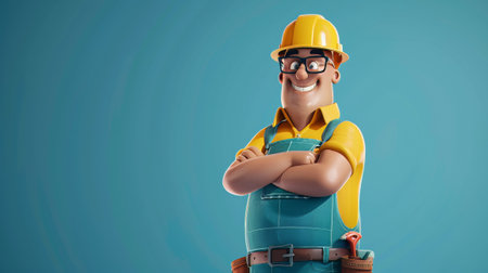 Bearded Man builder wearing helmet isolated on blue background with copy space. Cartoon 3d characterの素材
