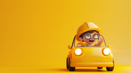 3d illustration of cartoon taxi driver on yellow background. Banner with copy space.の素材