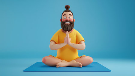 Funny bearded man do yoga exercises on mat. 3d character isolated on whiteの素材
