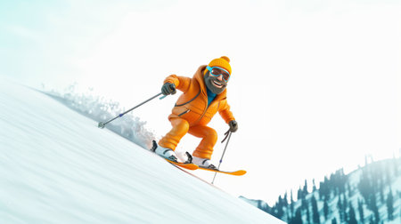 3d character cartoon man ski wearing bright colors clothes. Isolated on white with copy spaceの素材