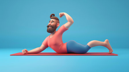 Funny bearded man do yoga exercises on mat. 3d character isolated on whiteの素材