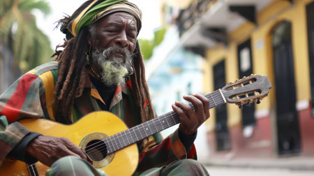 Afro American senior Rastafarian play guitar in the streetの素材