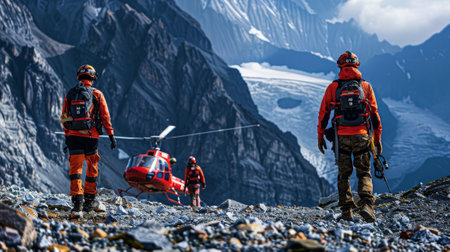 Rescuers on snowy mountains saving peopleの素材