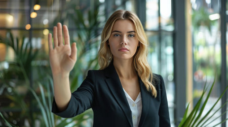 Business woman show stop signal by her handの素材