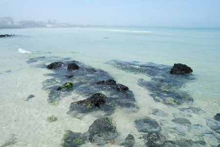 Black lava stones and white sand in blue lagoon on the South Korean island Jeju