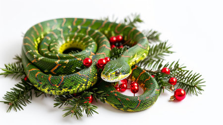 Festive green snake with Christmas decorations, curled up and surrounded by holly and pine branches, isolated on whiteの写真素材