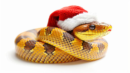 Golden snake wearing a Santa hat, isolated on white, creating a festive and unique holiday sceneの写真素材