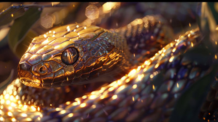Golden snake coiled tightly with glowing scales, reflecting soft light, creating a shimmering and mystical atmosphereの写真素材
