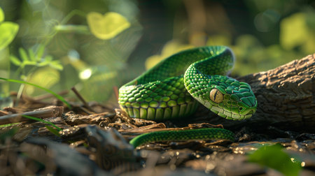 Green snake shining in a forest setting with glowing highlights on its scales, curled up on a branch, surrounded by bokeh lightsの写真素材